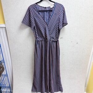 Sienna Sky Large Blue Red Striped V Neck Short Sleeve Elastic Waist‎ Jumpsuit